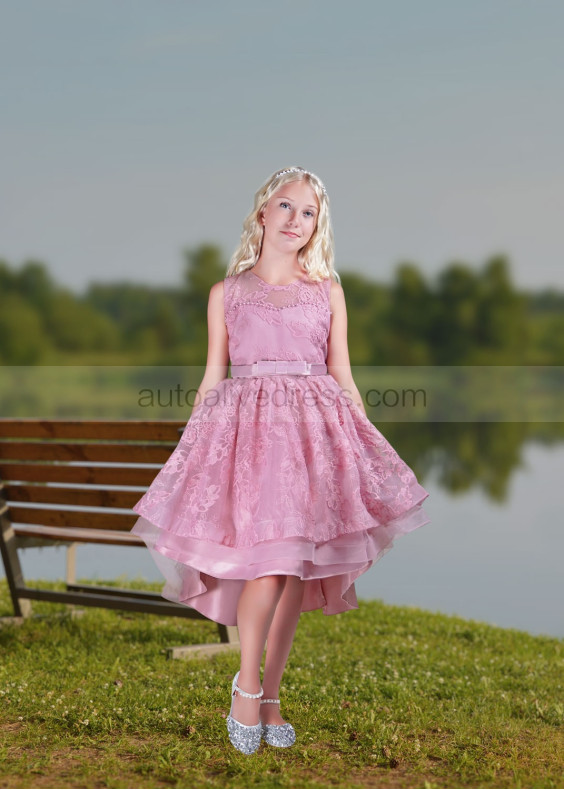Mauve Pink Lace Pearl Embellished High Low Flower Girl Dress